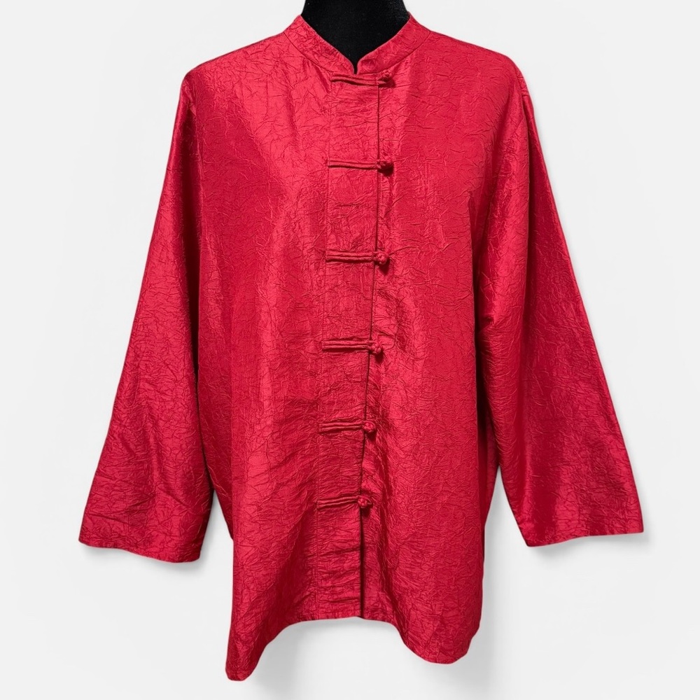 Eileen Fisher Silk Blouse Size 1X Red Mandarin Collar Frog Button Tunic Top - Picture 2 of 8